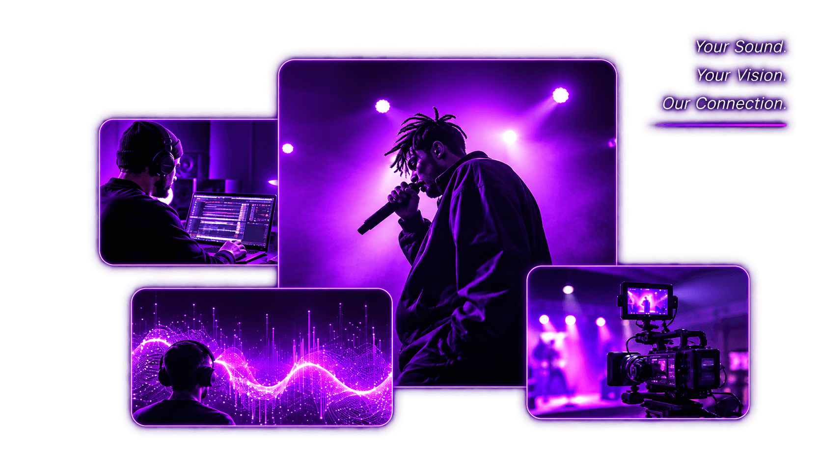 Artist performing on stage, surrounded by a producer at a DAW, a waveform visual, and a camera filming a live set